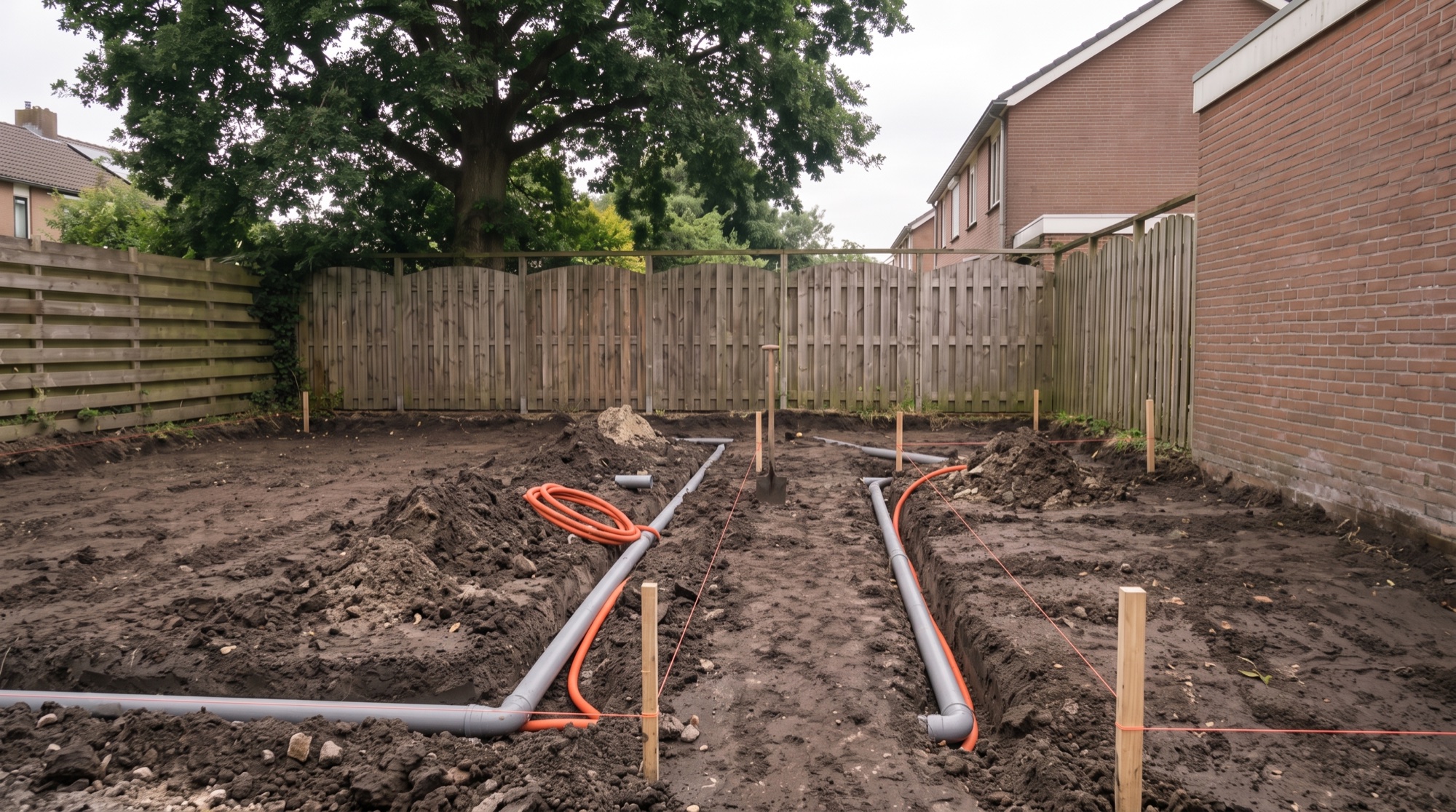 Open trenches with grey PVC drainage pipe and an orange conduit sleeve