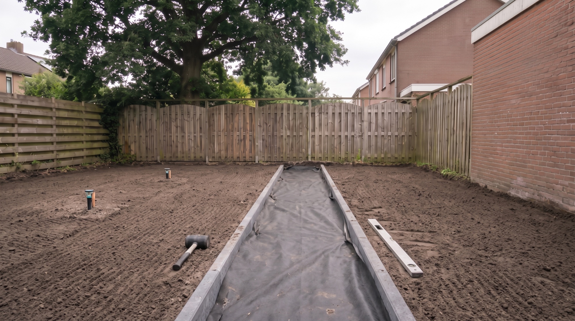 A path bed lined with geotextile and concrete edge restraints